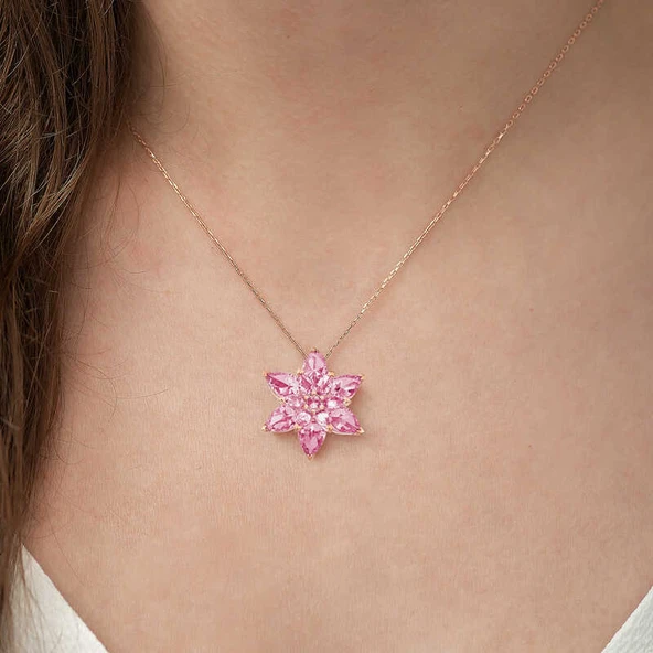 KENPAZAR 925 Ayar Gümüş Rose Pembe Lotus Çiçeği Kolye - 2