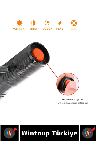 Kompakt Kamp Avcı Balıkçı Deprem Enerji Tasarruflu 4 Modlu Zoomlu Güçlü Beyaz Işık Şarjlı EL FENERİ - 3