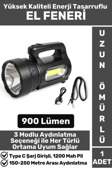 Premium Seri Uzun Ömürlü Kamp Avcı Deprem 3 Aydınlatma Modlu Şarjlı Beyaz Işık 900 Lümen El Feneri