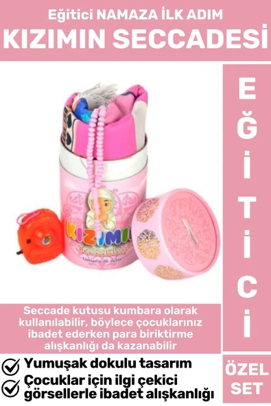 Çocuk İbadet Eğitici 3 Parça Seccade Tesbih Kumbara Tasarım Namaza İlk Adım KIZIMIN SECCADESİ ürün görseli