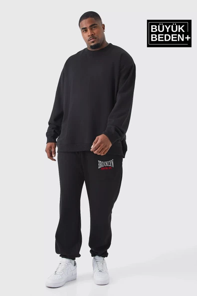 Büyük Beden Paça Lastikli Buyuk Brooklyn Baskılı İnce Eşofman Altı SPR24BEA49