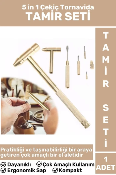 Premium Kompakt Hafif Pratik Tamirat Ev Banyo Bahçe 5 in 1 Çok Amaçlı Çekiç Tornavida Tamir Seti