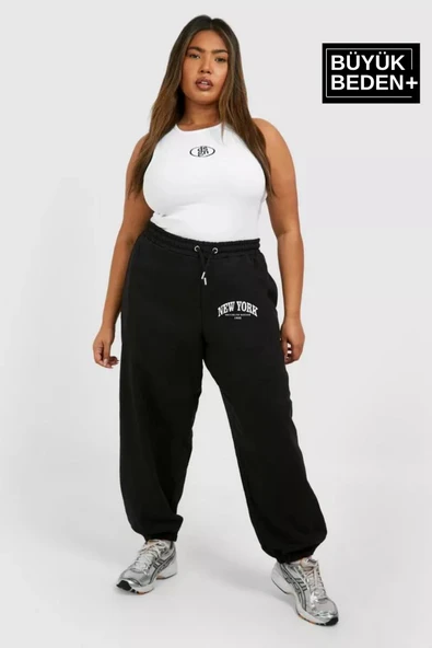 Kadın Büyük Beden Paça Lastikli New York Baskılı İnce Eşofman Altı  SPR25BEAK48 - 2