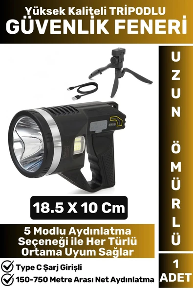 Premium Uzun Ömürlü Kamp Avcı Deprem Uzun Menzilli Şarjlı Beyaz Işık Tripodlu Güvenlik El Feneri