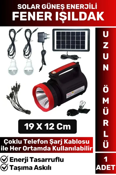 Premium Uzun Ömürlü Kamp Avcı Deprem Solar Güneş Enerjili Şarjlı Beyaz Işık Fener Işıldak