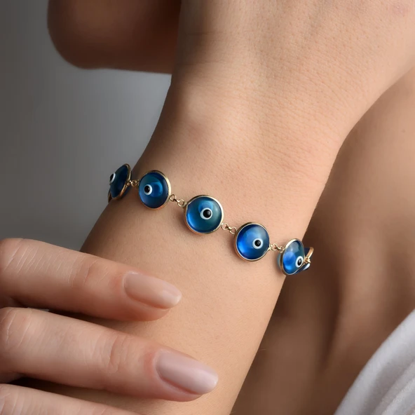 925 Ayar Mikron Altın Kaplama Göz Boncuklu Bileklik - CB00135 - Resim 5