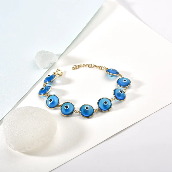 925 Ayar Mikron Altın Kaplama Göz Boncuklu Bileklik - CB00135 - Resim 6