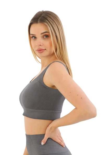 Özel Üretim Göğüs Toparlayıcı Sarkma Önleyen Spor Günlük Kalın Askılı Pedli Fitilli Crop Büstiyer - 5