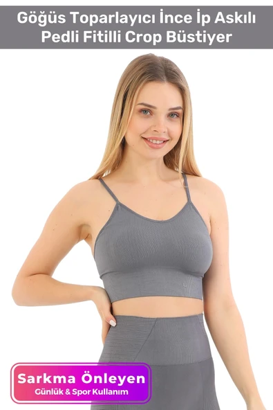 Özel Üretim Göğüs Toparlayıcı Sarkma Önleyen Spor Günlük İnce İp Askılı Pedli Fitilli Crop Büstiyer