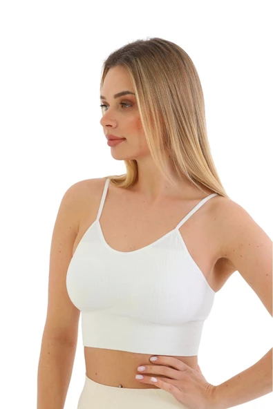 Özel Üretim Göğüs Toparlayıcı Sarkma Önleyen Spor Günlük İnce İp Askılı Pedli Fitilli Crop Büstiyer - 4