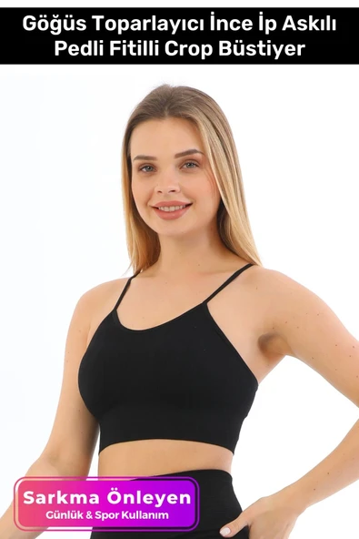 Özel Üretim Göğüs Toparlayıcı Sarkma Önleyen Spor Günlük İnce İp Askılı Pedli Fitilli Crop Büstiyer