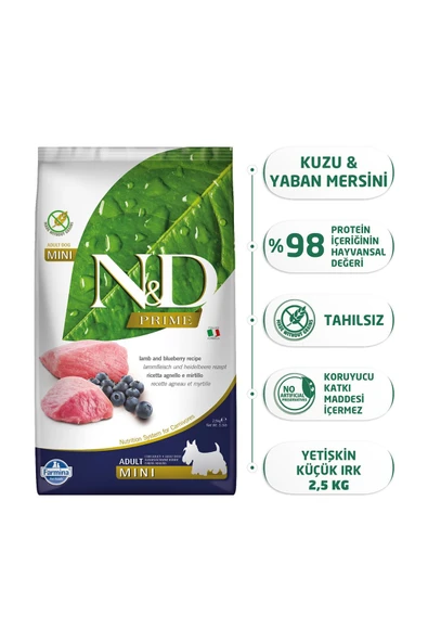 N&D Prime Tahılsız Kuzulu Yaban Mersinli Küçük Irk Yetişkin Köpek Maması 2,5 Kg ürün görseli 1