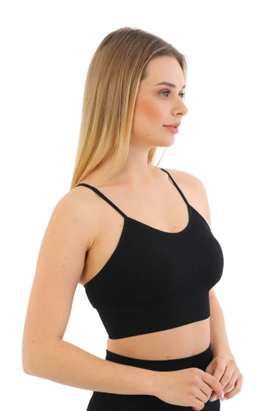 Özel Üretim Göğüs Toparlayıcı Sarkma Önleyen Spor Günlük İnce İp Askılı Pedli Fitilli Crop Büstiyer - 4