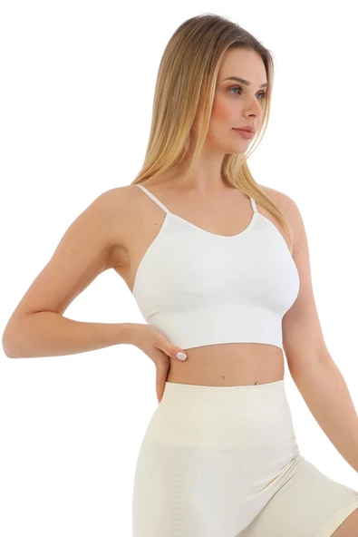 Özel Üretim Göğüs Toparlayıcı Sarkma Önleyen Spor Günlük İnce İp Askılı Pedli Fitilli Crop Büstiyer - 8