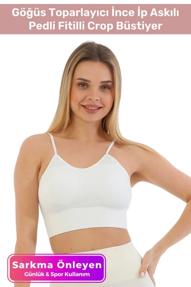 Özel Üretim Göğüs Toparlayıcı Sarkma Önleyen Spor Günlük İnce İp Askılı Pedli Fitilli Crop Büstiyer