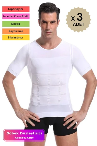Bel Göğüs Dik Duruş Jinekomasti Toparlayıcı Erkek Göbek Sıkılaştırıcı Kısa Kol Korse Atlet 3 Adet ürün görseli