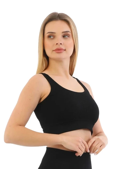 Özel Üretim Göğüs Toparlayıcı Sarkma Önleyen Spor Günlük Kalın Askılı Pedli Fitilli Crop Büstiyer - 3