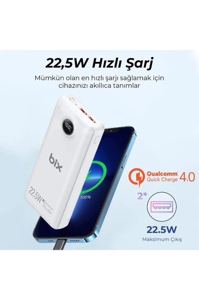 Bix Pb201 20000mah 22.5w 3 Çıkışlı Usb Qc 4.0 Type-c Pd Lcd Göstergeli Powerbank Beyaz - 6