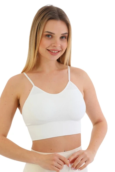 Özel Üretim Göğüs Toparlayıcı Sarkma Önleyen Spor Günlük İnce İp Askılı Pedli Fitilli Crop Büstiyer - 5