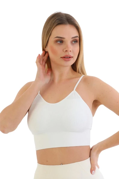 Özel Üretim Göğüs Toparlayıcı Sarkma Önleyen Spor Günlük İnce İp Askılı Pedli Fitilli Crop Büstiyer - 6