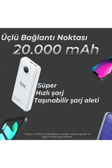 Bix Pb201 20000mah 22.5w 3 Çıkışlı Usb Qc 4.0 Type-c Pd Lcd Göstergeli Powerbank Beyaz - 5