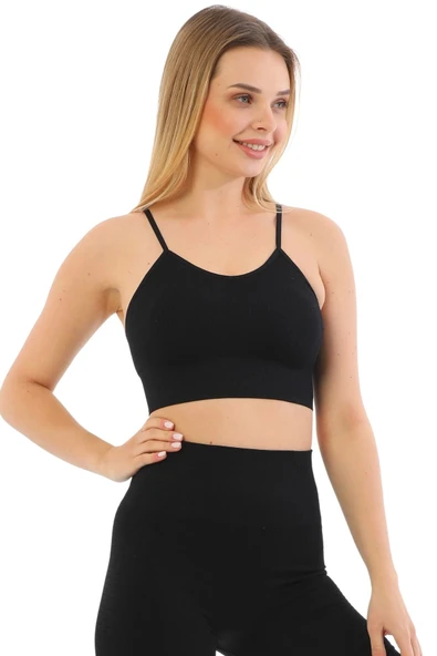 Özel Üretim Göğüs Toparlayıcı Sarkma Önleyen Spor Günlük İnce İp Askılı Pedli Fitilli Crop Büstiyer - 2