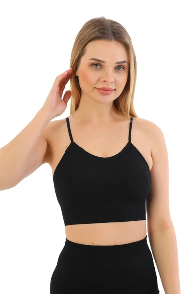Özel Üretim Göğüs Toparlayıcı Sarkma Önleyen Spor Günlük İnce İp Askılı Pedli Fitilli Crop Büstiyer - 5