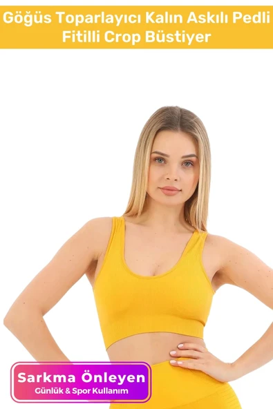 Özel Üretim Göğüs Toparlayıcı Sarkma Önleyen Spor Günlük Kalın Askılı Pedli Fitilli Crop Büstiyer
