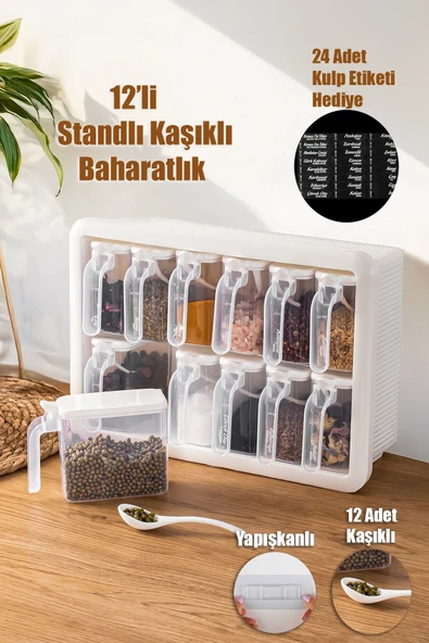 Porsima Random 12'li Standlı,Yapışkanlı,Kaşıklı Kapaklı Baharatlık Saklama Kabı Seti-Beyaz