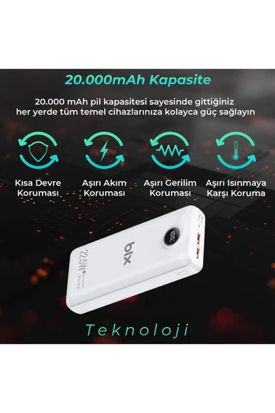 Bix Pb201 20000mah 22.5w 3 Çıkışlı Usb Qc 4.0 Type-c Pd Lcd Göstergeli Powerbank Beyaz - 2