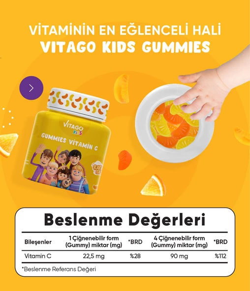 Vitago Kids Gummies C Vitamini İçeren 60 Adet Çiğnenebilir Gummy Jel - 3