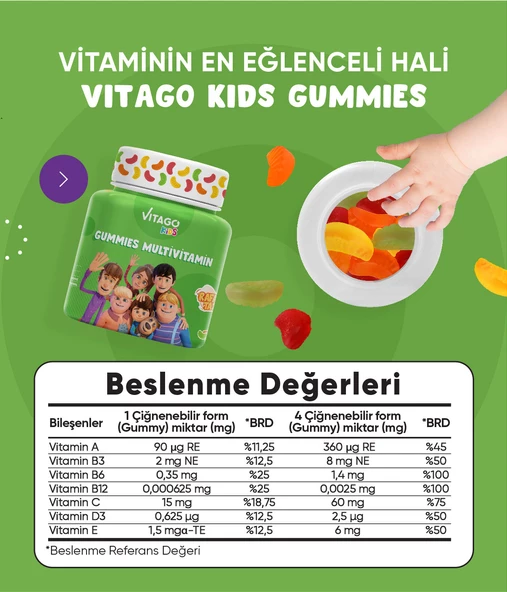 Vitago Kids Gummies Multivitamin Multimineral İçeren 60 Adet Çiğnenebilir Gummy Jel - 3