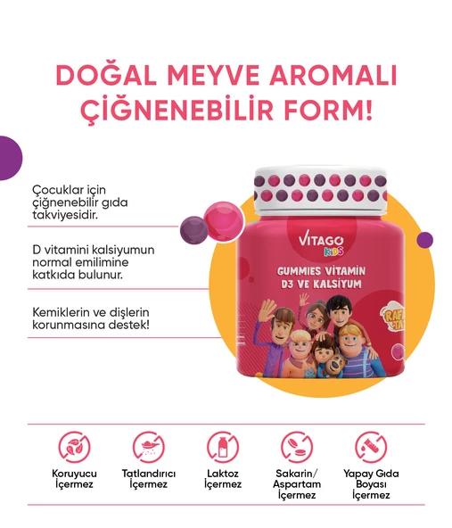 Vitago Kids Gummies D3 Vitamini, Kalsiyum İçeren 30 Adet Çiğnenebilir Gummy Jel - 2