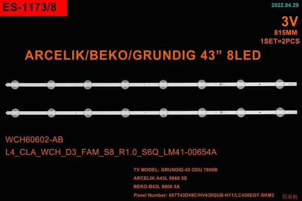 BM-188 (2X8LED) ARÇELİK 43" RTL6062 81,5CM ARCELİK_43_CLARİTY_2X8_1313FCA, L4_CLA_WCH_D3_FAM_S8_R1.0,WCH60601AB, WCH60602AB