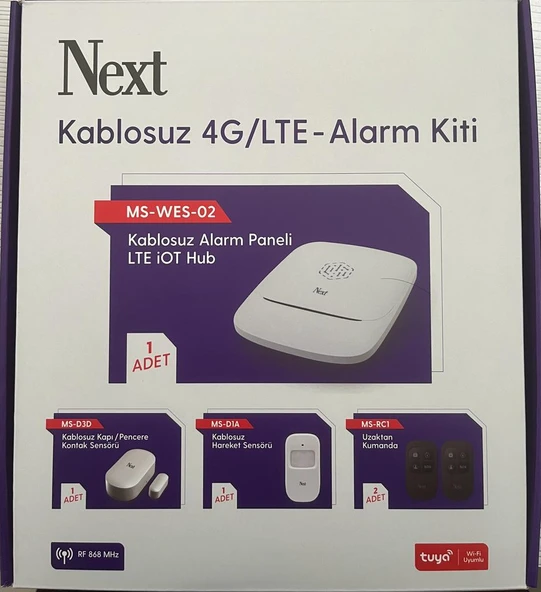 NEXT MS-WES-02 KABLOSUZ 4G/LTE ALARM KİTİ (ALARM PANELİ+KONTAK SENSÖRÜ+HAREKET SENSÖRÜ+2 ADET UZAKTAN KUMANDA)