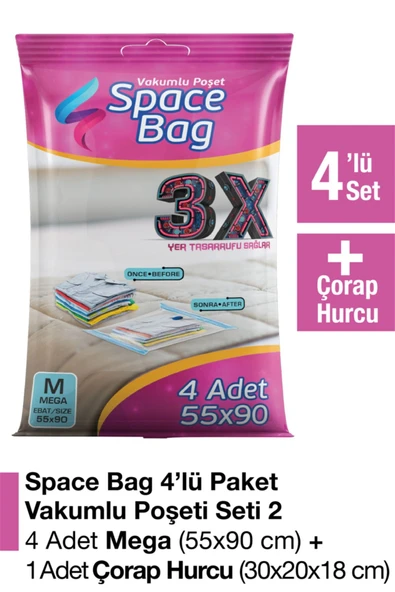 Space Bag  4 Adet 55x90 Vakumlu Poşet Seti + 1 Adet Çorap Hurcu - Resim 2