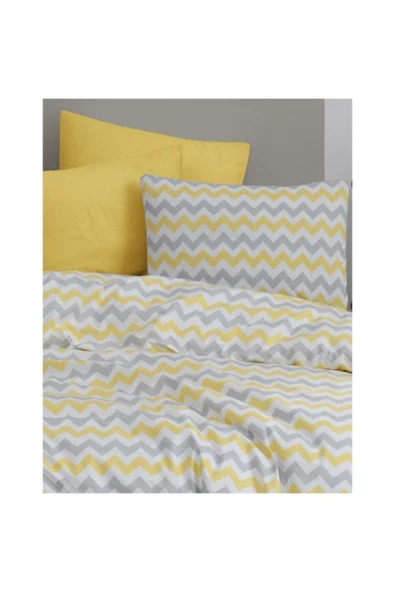 Tek Kişilik Lastikli Nevresim Takımı 160x220 - Sarı Zikzak Desenli