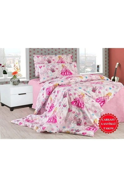 Tek Kişilik Nevresim Takımı Kız Çocuk Ranforce Pamuklu Prenses Desenli Set 155x230 Cm - 3