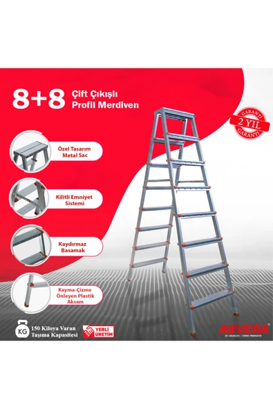ASVERA Yakut Serisi - 8 8 Basamaklı Çift Çıkışlı Galvanizli Profil Merdiven (EV, BAHÇE, IŞYERİ IÇİN UYGUN)