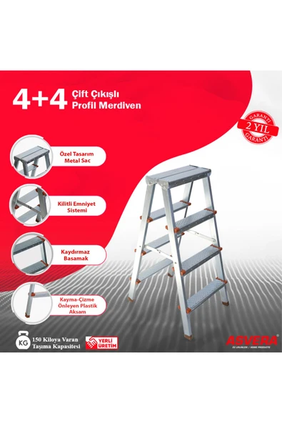 ASVERA  Yakut Serisi 4 4 Basamaklı Çift Çıkışlı Galvanizli Profil Merdiven (EV, BAHÇE, IŞYERİ IÇİN UYGUN)