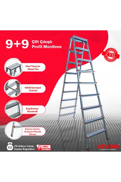 ASVERA Elmas Serisi - 9 9 Basamaklı Çift Çıkışlı Galvanizli Profil Merdiven (EV, BAHÇE, IŞYERİ IÇİN UYGUN)