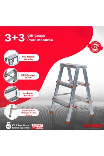 ASVERA  Elmas Serisi 3 3 Basamaklı Çift Çıkışlı Galvanizli Profil Merdiven (EV, BAHÇE, IŞYERİ IÇİN UYGUN)