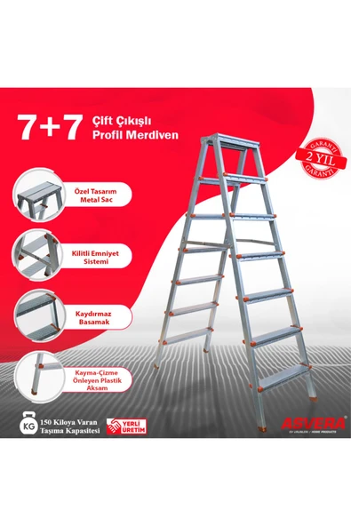 ASVERA Elmas Serisi - 7 7 Basamaklı Çift Çıkışlı Galvanizli Profil Merdiven (EV, BAHÇE, IŞYERİ IÇİN UYGUN)