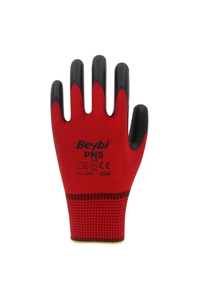 Beybi  Pn5 Kırmızı Polyester Örme Nitril Işçi Eldiveni 9 Numara 12 Çift