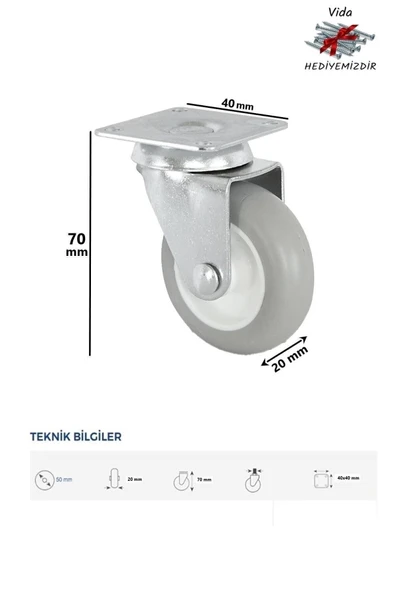 Cross 4 Adet Döner Tablalı 50'lik Bilyalı Teker Masa Dolap Sehpa Mobilya Tekeri - 2