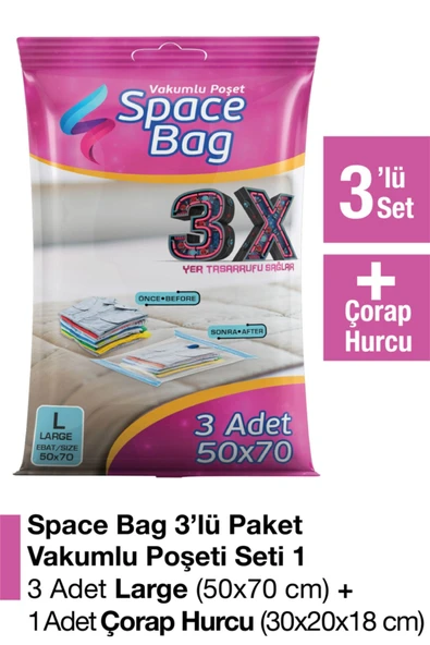 Space Bag  3 Adet 50x70 Vakumlu Poşet Seti + 1 Adet Çorap Hurcu - 2