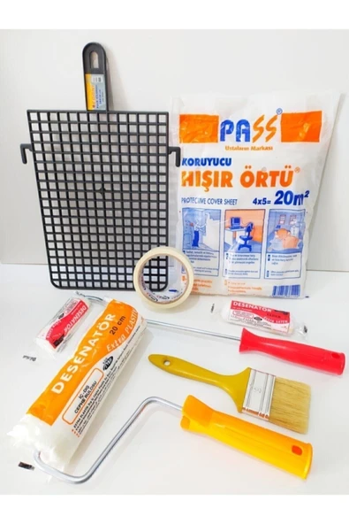 PASS  7 Parça Boyacı Seti (Rulo, örtü, fırça, parmak rulo, kağıt bant, boya ızgarası, yedek rulo başlığı)