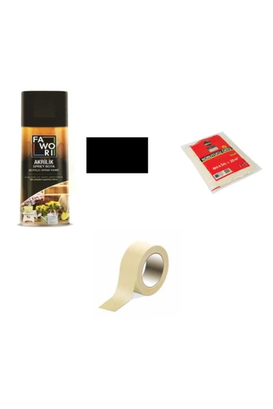 Fawori Metalik Sprey Boya Metalik Siyah / 20m2 Koruma Örtüsü / 5cm Maskeleme Bandı