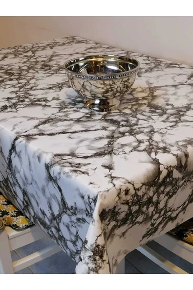 ELYAFLI PVC MUŞAMBA - DESENLİ SİLİNEBİLİR MASA ÖRTÜSÜ -SİYAHBEYAZ - 2