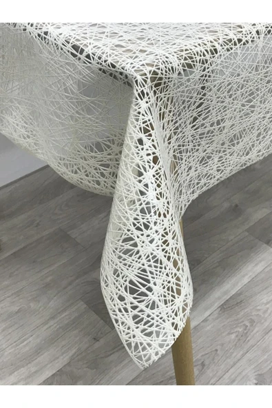 Iplik Desen Hasır Pvc Şeffaf Kaplamalı Lüks Muşamba Masa Örtüsü Krem - 2